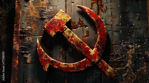 Symbolic hammer and sickle emblem on weathered door. Suitable for historical or political themes photo