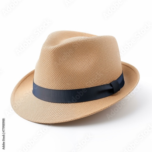 Tan fedora hat on white background, clothing, straw hat, shade, panama hat