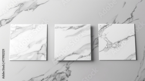 Three white marble panels on a gray background. Perfect for interior design projects