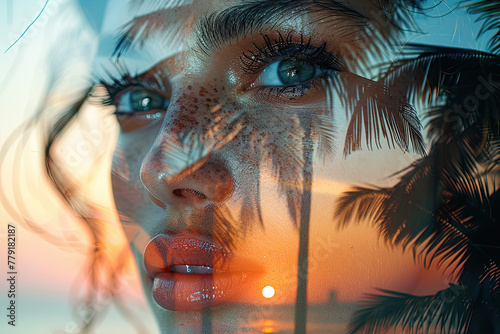 face of a beautiful woman and the sunset at the beach with palm trees double exposure. To represent vacation, travel and beach moments. 