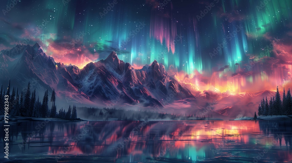 Aurora Borealis Illuminating Snowy Mountain Range, generative ai