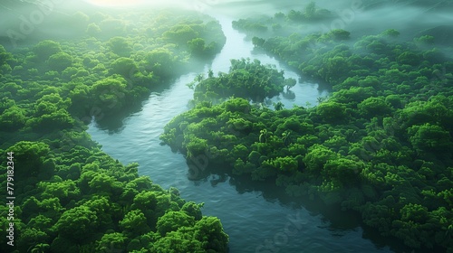 Tropical Serenity: Aerial View of Meandering River, generative ai