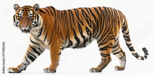 Majestic tiger walking through snowy landscape, ideal for wildlife and winter themes