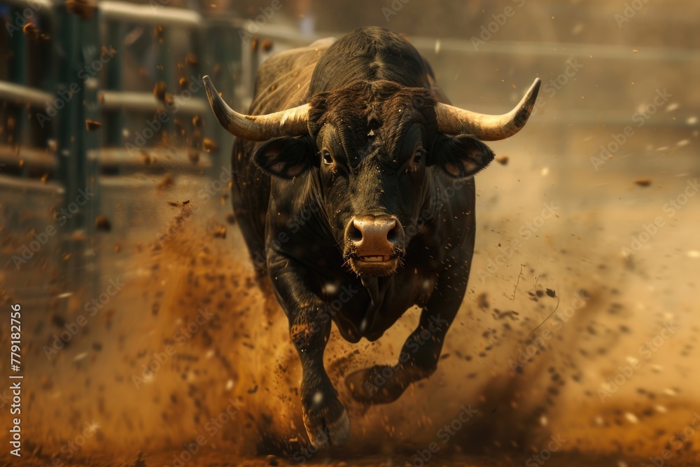 Naklejka premium A bull running in the dirt in a fenced area. Suitable for agricultural or livestock themes