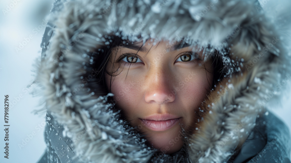 Portrait of indigenous woman wearing traditional fur coat. Portrait of indigenous woman wearing traditional fur coat.
