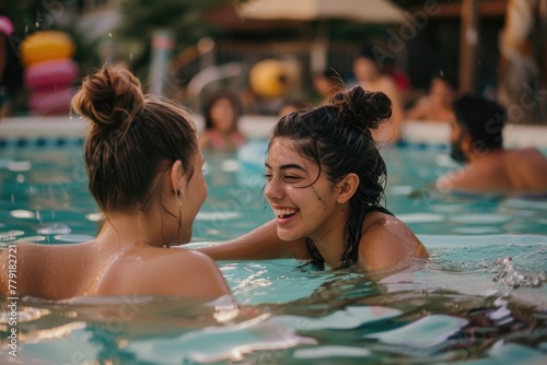 Image of two women enjoying in a swimming pool. Suitable for lifestyle or summer vacation concepts