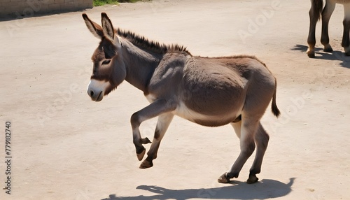 A Donkey With Its Hind Legs Kicking Playfully
