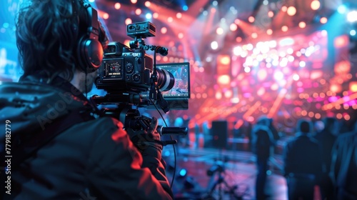 A man filming a concert with a video camera. Suitable for music event promotion