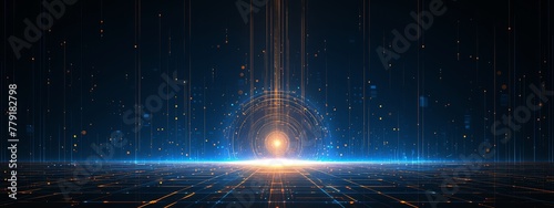 Abstract background with glowing blue and orange dots on black grid, creating an illuminated tech pattern. The composition features multiple vertical lines of light beams.