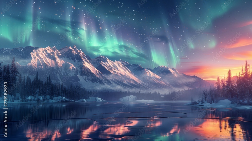 Northern Lights Dancing Over Frozen Lake, generative ai