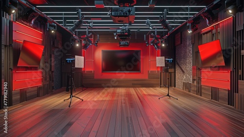 A room with red lighting and wooden flooring. Ideal for interior design projects
