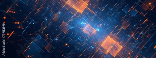Abstract background with glowing blue and orange lights on the dark grid pattern, data technology concept. Abstract futuristic digital network or binary code Background for web design. 
