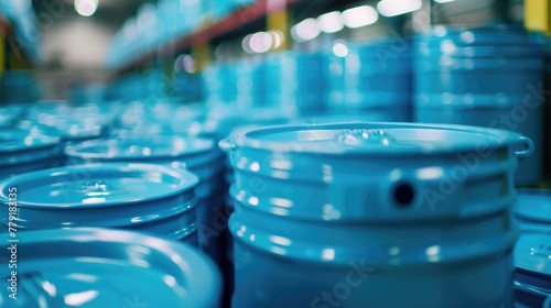 A large number of blue barrels in a warehouse. Perfect for industrial and storage concepts