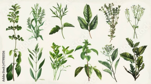 Different types of herbs displayed on a white background. Suitable for culinary, health, and wellness concepts