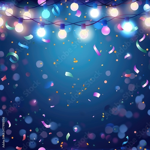 Festive blue background with colorful confetti and glowing lights. Perfect for party invitations or celebration announcements
