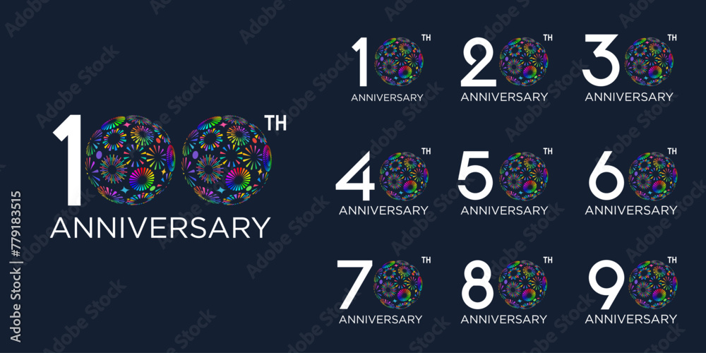 set of 10 to 100th anniversary logotype design, with colorful fireworks for celebration event, wedding, and birthday, vector illustration