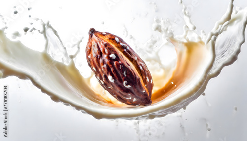 Visual Representation of the Moment a Falling Cacao Bean Collides with Water and Milk, Transformed into an Artistic Scene. Splashes.