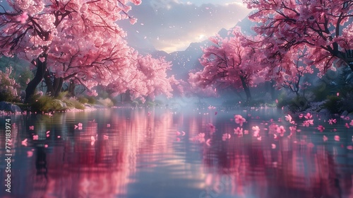 Serenity by the Blossom River, generative ai