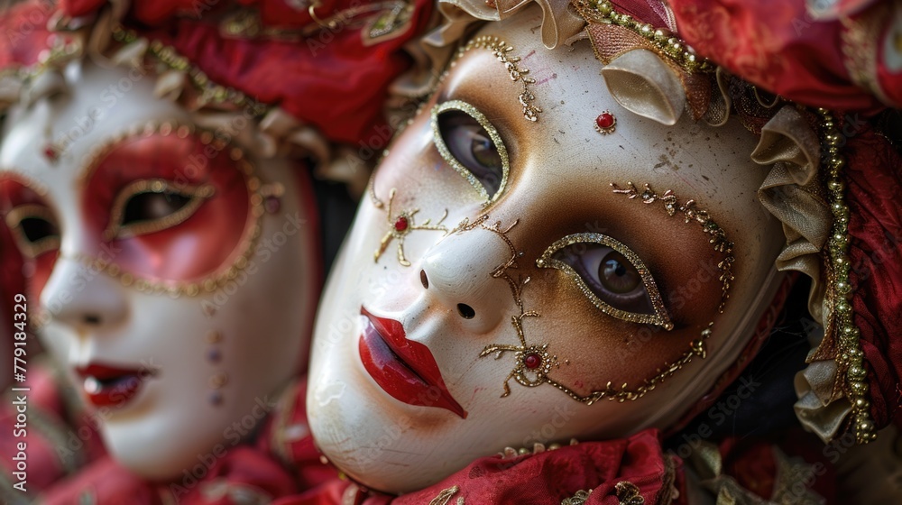 Close up of two masks on a table, ideal for Halloween or theater themes