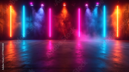 Empty stage with neon lights and smoke. Computer digital drawing.
