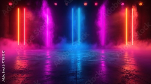 Background with lights. Empty stage with neon lights and smoke. Computer digital drawing.