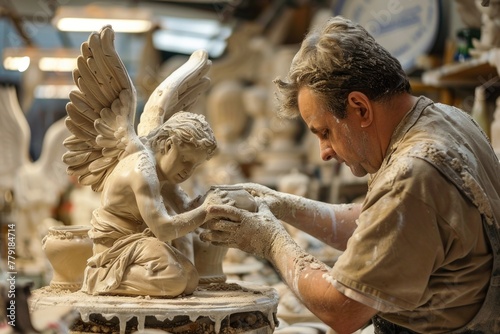 Wallpaper Mural A man sculpting an angel statue, ideal for art and creativity concepts Torontodigital.ca