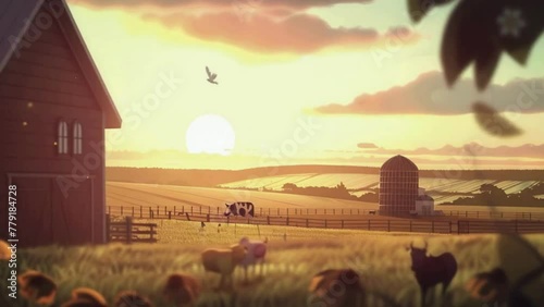 serene beauty of a rural farm at sunrise, with fields stretching out as far as the eye can see and animals awakening to greet the day, cute Lofi loop anime Seamless looping animation. photo