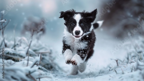 A black and white dog running through the snow. Suitable for winter and pet-themed designs