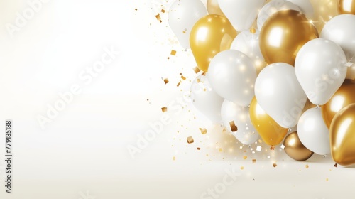 Off-centered Birthday Background with Gold and White Balloons, Featuring Large Copy Space Area