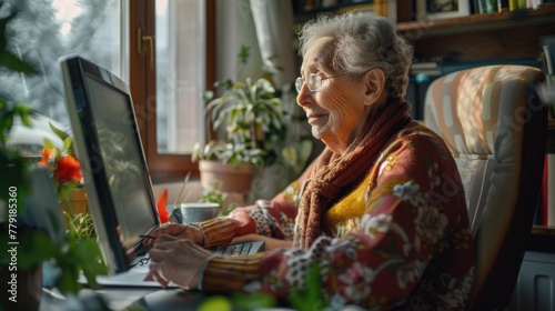 A woman sitting in front of a laptop computer. Ideal for illustrating remote work or online communication
