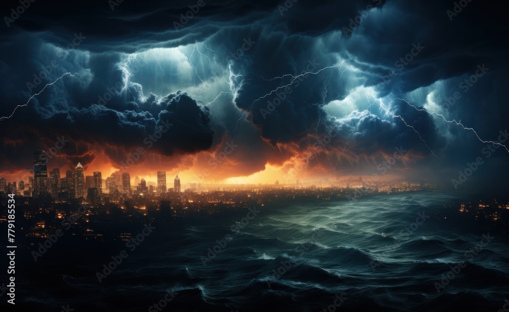 a big storm above a city, in the style of water and land fusion,
