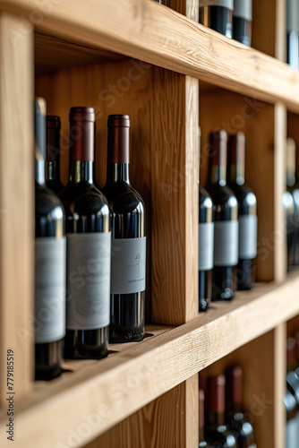 close-up of wine on shelves in wine cellar