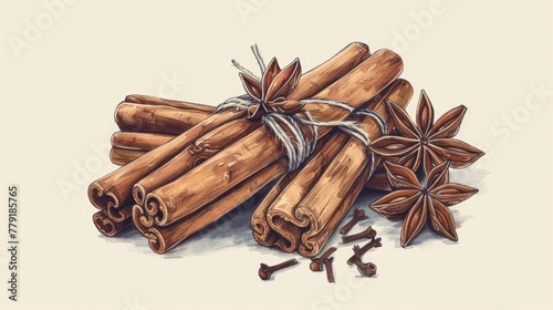 A bunch of cinnamon sticks and cloves of star anise. Perfect for food and spice concepts photo