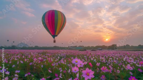 Color hot air balloon over pink cosmos flowers garden,Hot Air Balloon