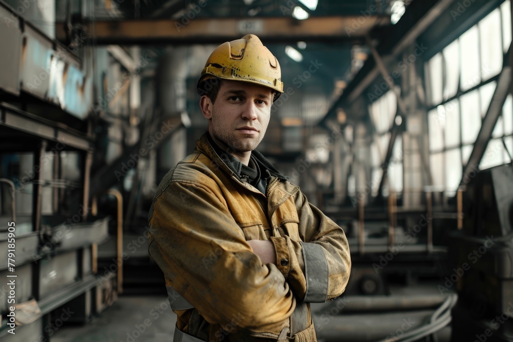 A man in a hard hat standing in a factory. Suitable for industrial concepts A man in a hard hat standing in a factory. Suitable for industrial concepts