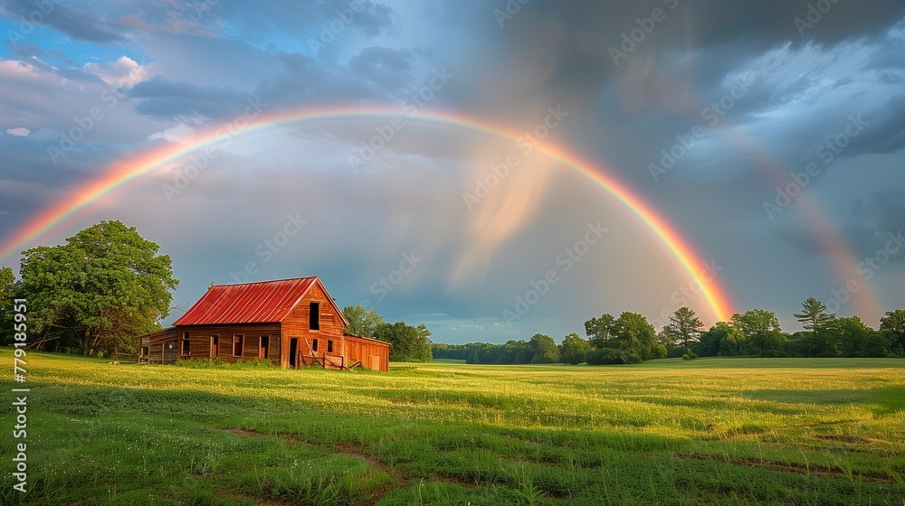 Summer Bliss: Rainbow Over Classic Farmhouse, generative ai