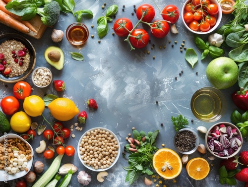 top view flat lay, a balanced nutrition concept for clean eating embodies the principles of a flexitarian Mediterranean diet. Colorful fruits, vegetables, whole grains, legumes,