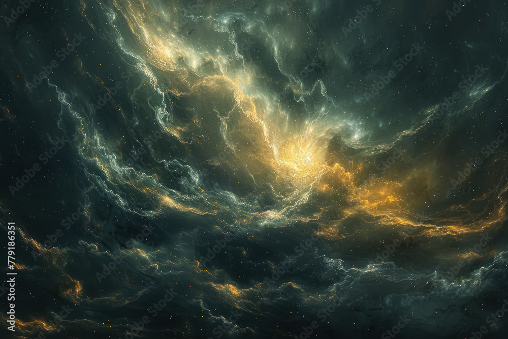 mystical golden light breaking through dark stormy clouds, a dramatic and ethereal sky scene - obrazy, fototapety, plakaty 