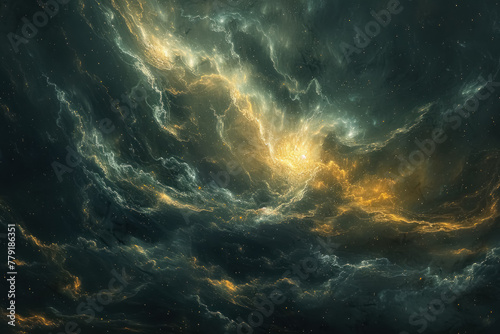 mystical golden light breaking through dark stormy clouds, a dramatic and ethereal sky scene photo
