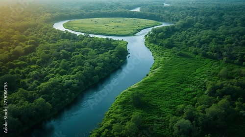 Serene River Bend in Lush Greenery, generative ai