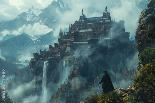 mystical mountain castle amidst foggy forest with a cloaked figure overlooking the scene photo