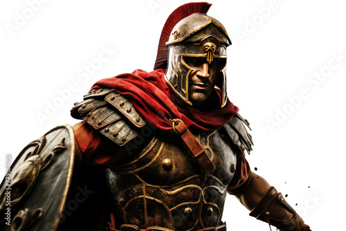 Warriors Gaze: Helmeted Figure Wielding Sword. White or PNG Transparent Background.