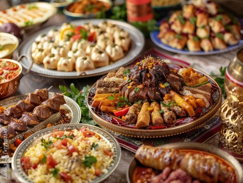 close-up concept of Ramadan Kareem food, a table is adorned with an array of delectable dishes, each symbolizing the spirit of the holy month. From succulent kebabs and aromatic biryanis to sweet 