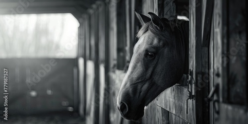 A horse peeking out of a stable. Suitable for equestrian themes photo