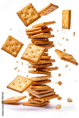 A pile of crackers falling into the air, great for food concepts