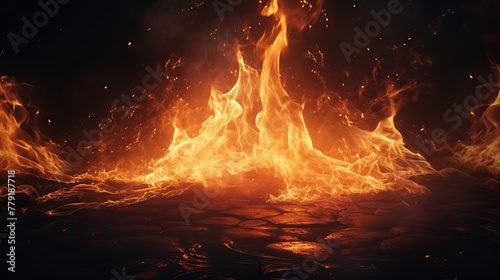 Amazing fire flames and sparkles from floor in the dark room background