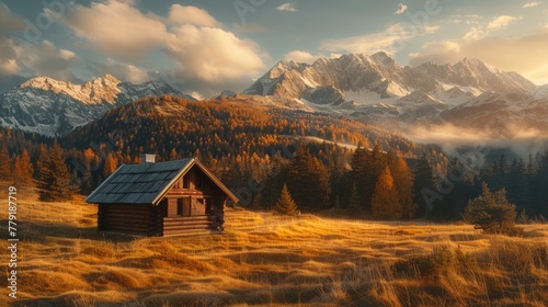 A small cabin in a field with mountains in the background. Suitable for nature and travel concepts #779187719