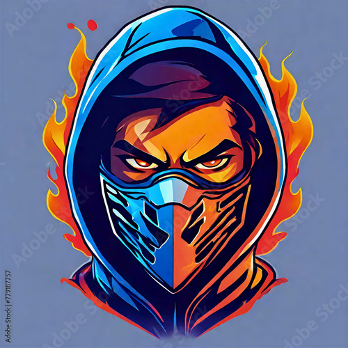 gaming logo, Blazing Gaming Logo: Hoodie-clad Gamers, Masks, and Infernal Flames