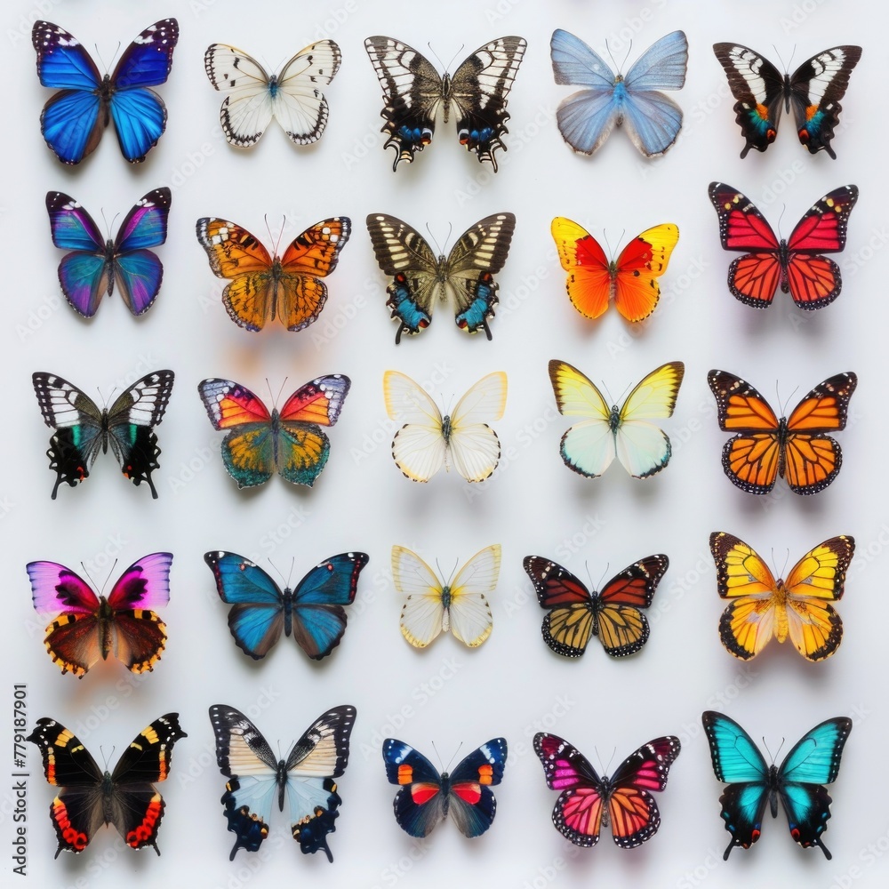 A collection of colorful butterflies on a white background. Suitable for various design projects - obrazy, fototapety, plakaty 
