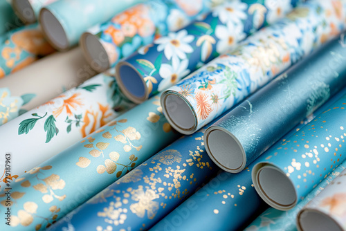 Blue Wrapping Paper Rolls with Floral Patterns and Golden Accents: Elegant Rolls of Gift Wrapping Paper with Floral Prints for Presents, Celebrations, Birthday, Christmas  